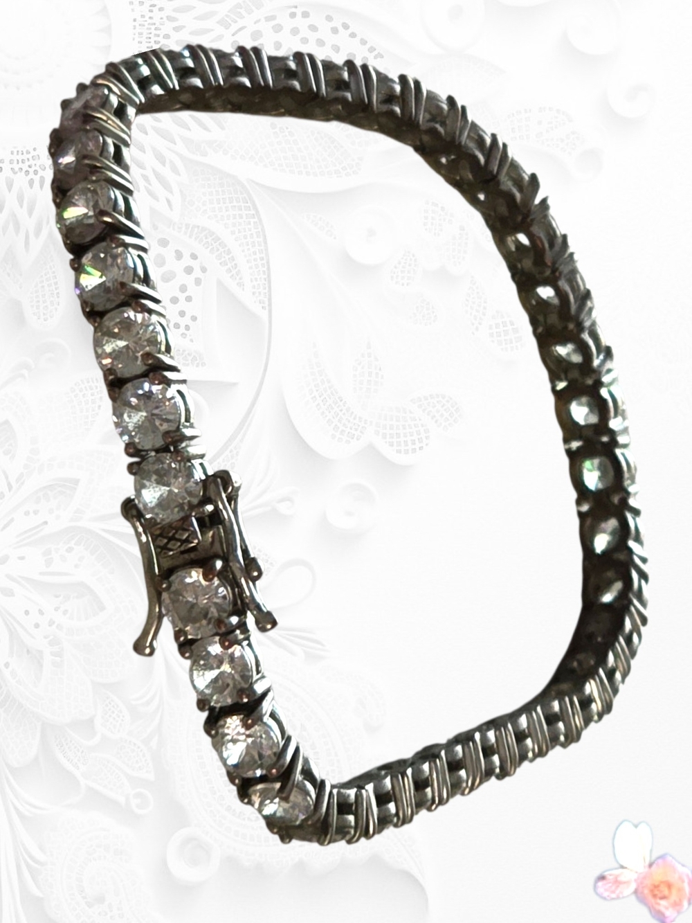 Vintage JCM Tennis Bracelet Round CZ Clear Stone Estate Silver Tone